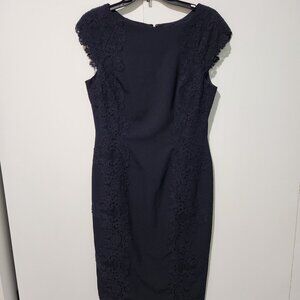 Maggy London Navy Blue (looks Black) Cap Sleeves Floral Lace Dress Sheath Size 8